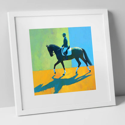 Precision in Sunlight dressage horse art print in white frame