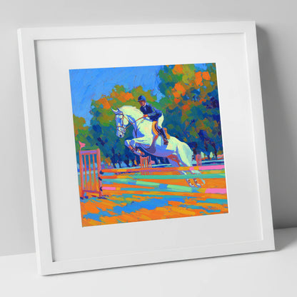 Vibrant Showjumping Leap show jumping horse art print in white frame