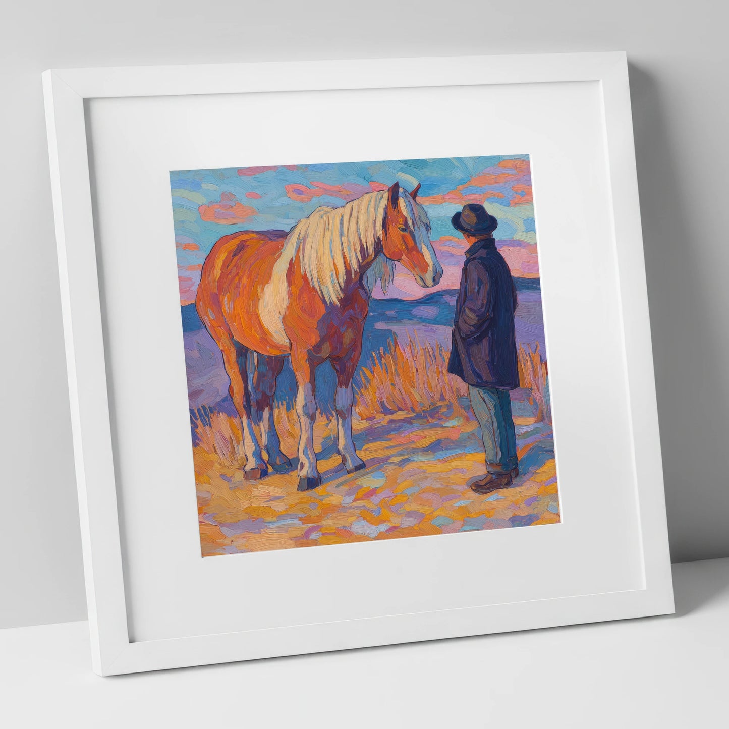 Golden Hour Harmony horse & rider art print in white frame