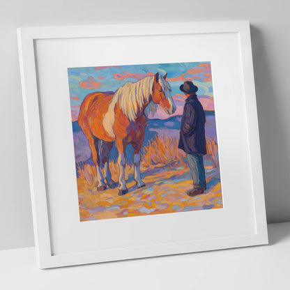 Golden Hour Harmony horse & rider art print in white frame