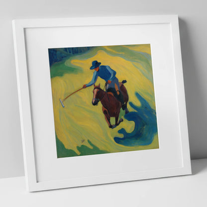 Sunlit Polo Swing polo horse art print in white frame