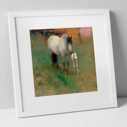 Quiet Pasture Companions mare & foal art print in white frame