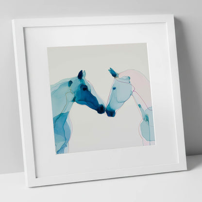 Azure Affinity horse portrait art print in white frame