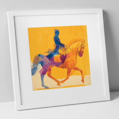 Cobalt and Gold Passage dressage horse art print in white frame