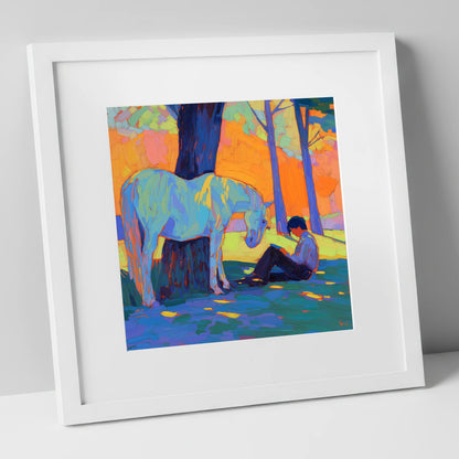 Shared Solitude horse & rider art print in white frame