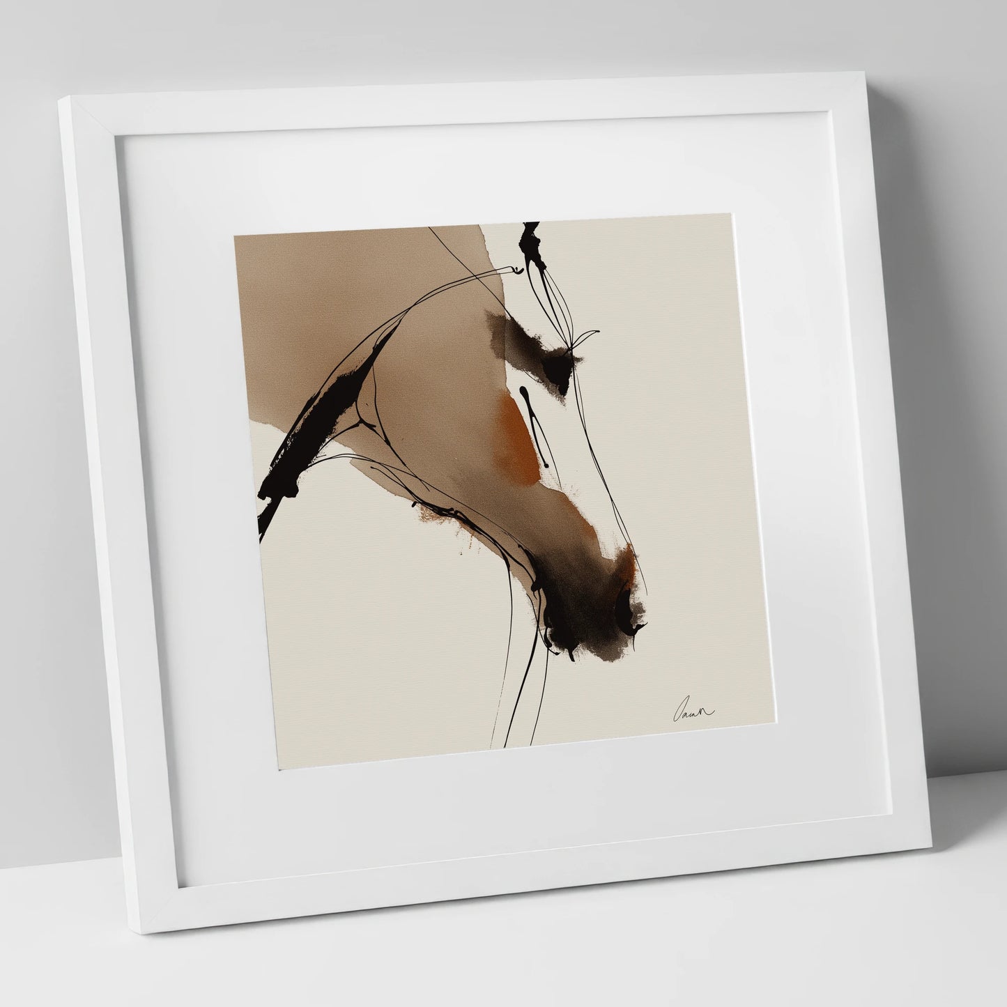 Abstract Sepia Profile horse portrait art print in white frame