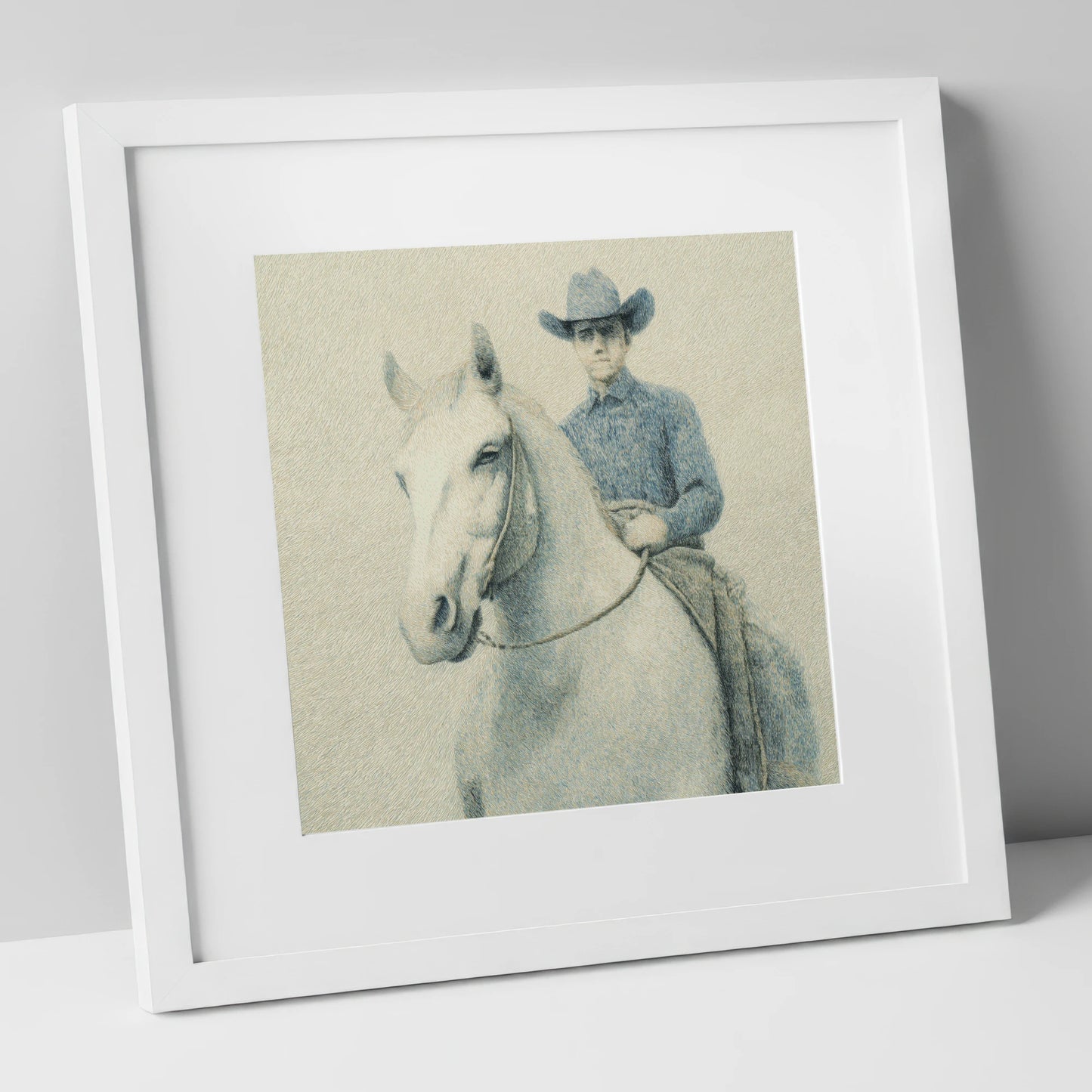 Slate Blue Stockman western horse art print in white frame