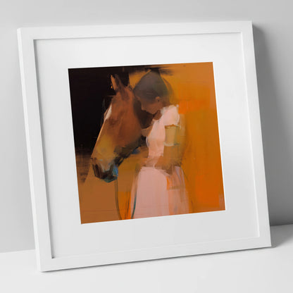 A Quiet Connection horse & rider art print in white frame