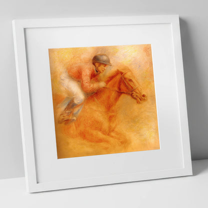 The Final Furlong racing horse art print in white frame