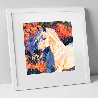 Vibrant White Andalusian Horse horse breed art print in white frame