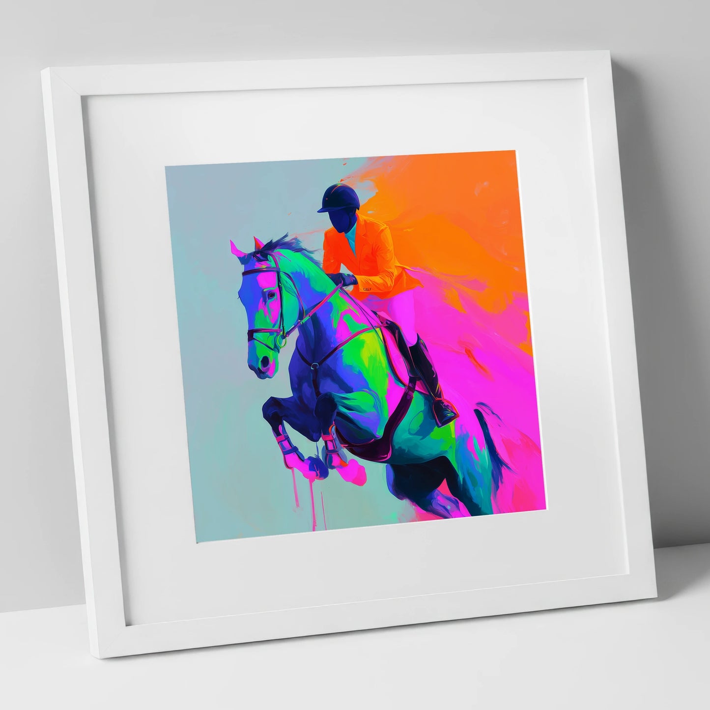 Technicolour Flight show jumping horse art print in white frame
