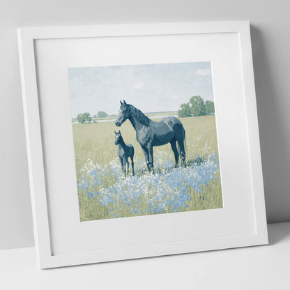 The Blue Meadow mare & foal art print in white frame