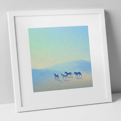 Ethereal Blue Herd wild horses art print in white frame