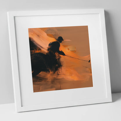 The Decisive Strike polo horse art print in white frame