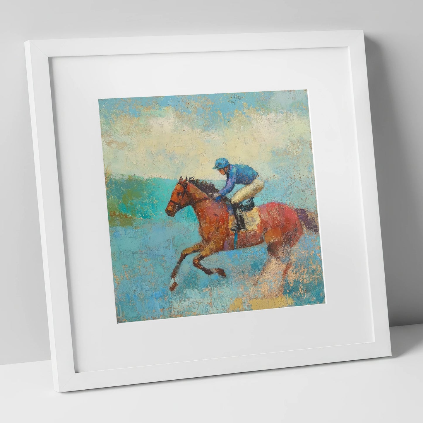 Flight in Turquoise racing horse art print in white frame