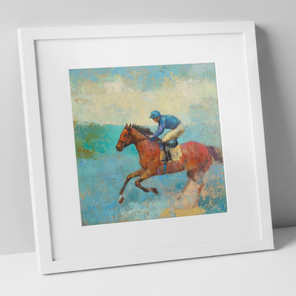 Flight in Turquoise racing horse art print in white frame