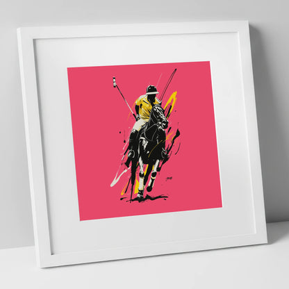Velocity in Magenta polo horse art print in white frame