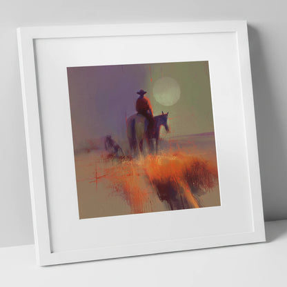 High Plains Sundown western horse art print in white frame