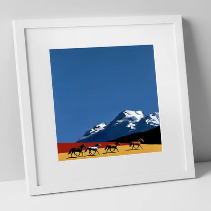 Gallop Beneath the Peaks horse landscape art print in white frame