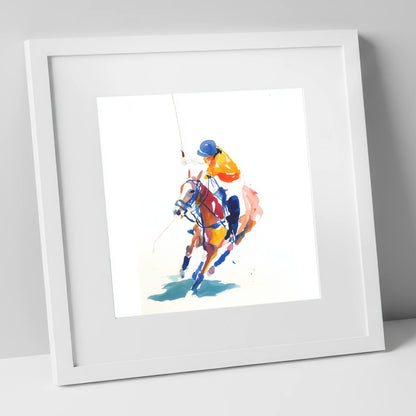 Dynamic Chukka polo horse art print in white frame