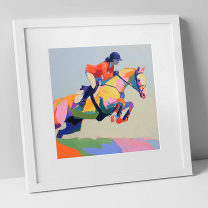 Chromatic Showjumper show jumping horse art print in white frame