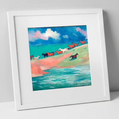 Spirited Coastal Herd wild horses art print in white frame
