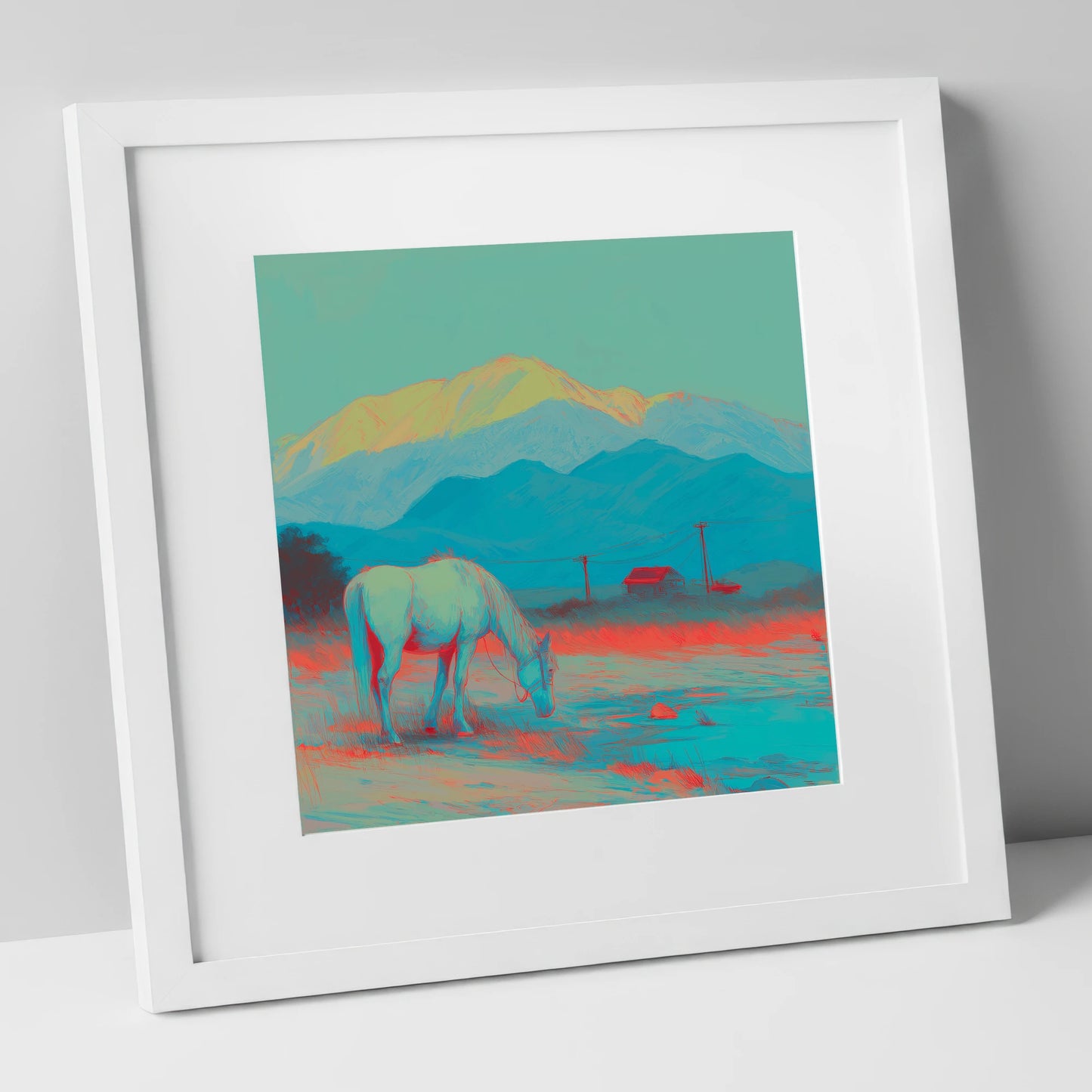 Electric Mountain Grazing horse landscape art print in white frame