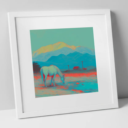 Electric Mountain Grazing horse landscape art print in white frame