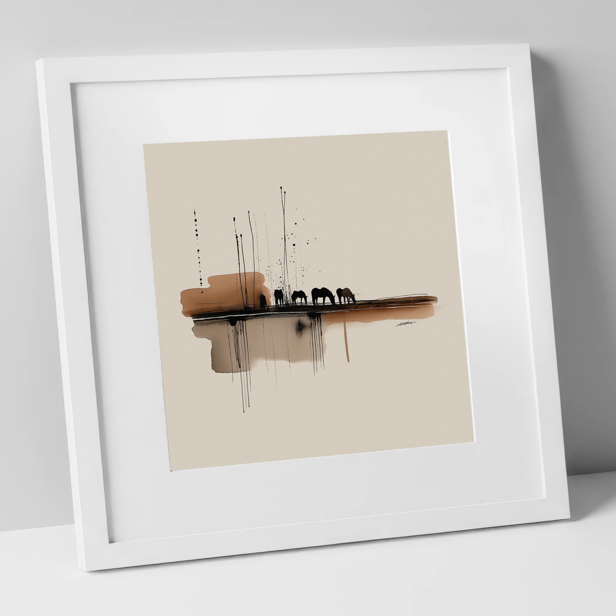 Grazing Horses in Sepia Wash horse landscape art print in white frame