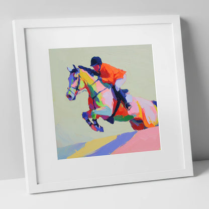 Technicolour Flight show jumping horse art print in white frame
