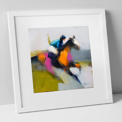 Thundering Colour racing horse art print in white frame