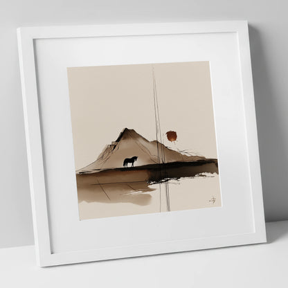 Quiet Mountain Silhouette horse landscape art print in white frame