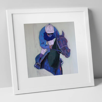 Focused in Blue racing horse art print in white frame