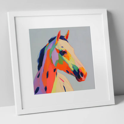 Technicolour Spirit horse breed art print in white frame