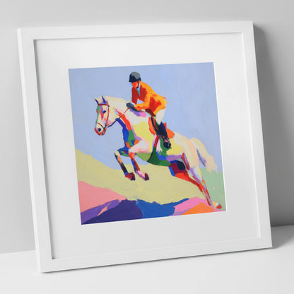 Technicolour Ascent show jumping horse art print in white frame