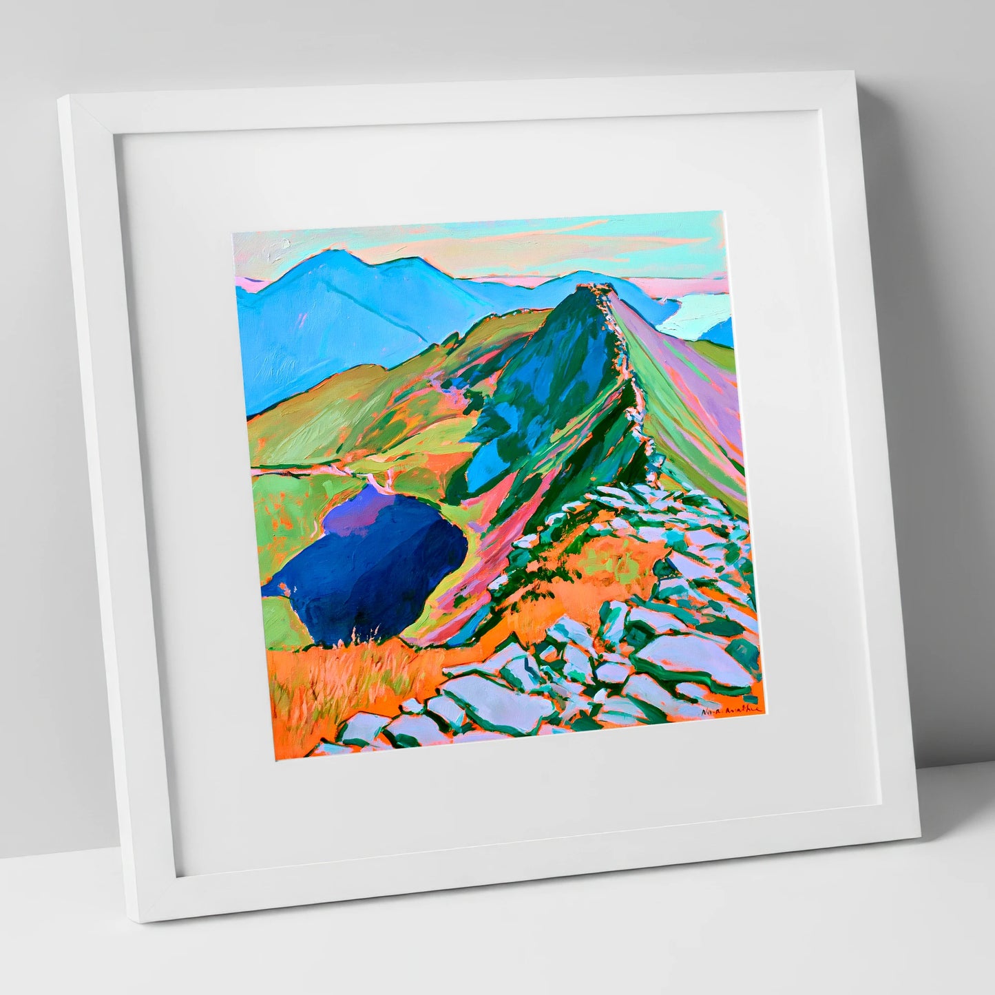 Vibrant Mountain Ridge Landscape horse landscape art print in white frame