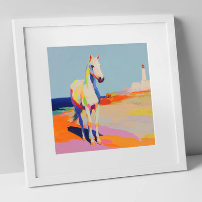 Vibrant Coastal Equine horse landscape art print in white frame