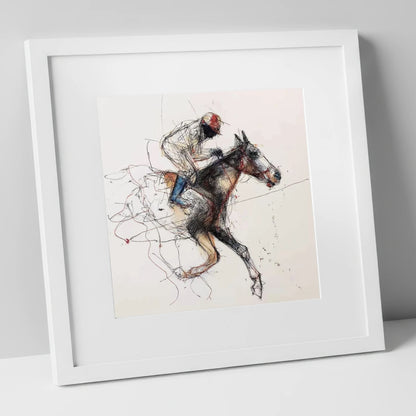 The Final Furlong racing horse art print in white frame