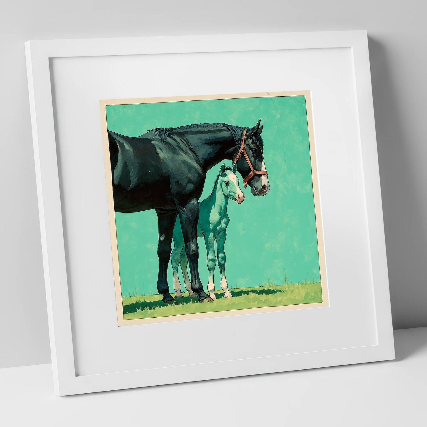 Bond in Vivid Teal mare & foal art print in white frame