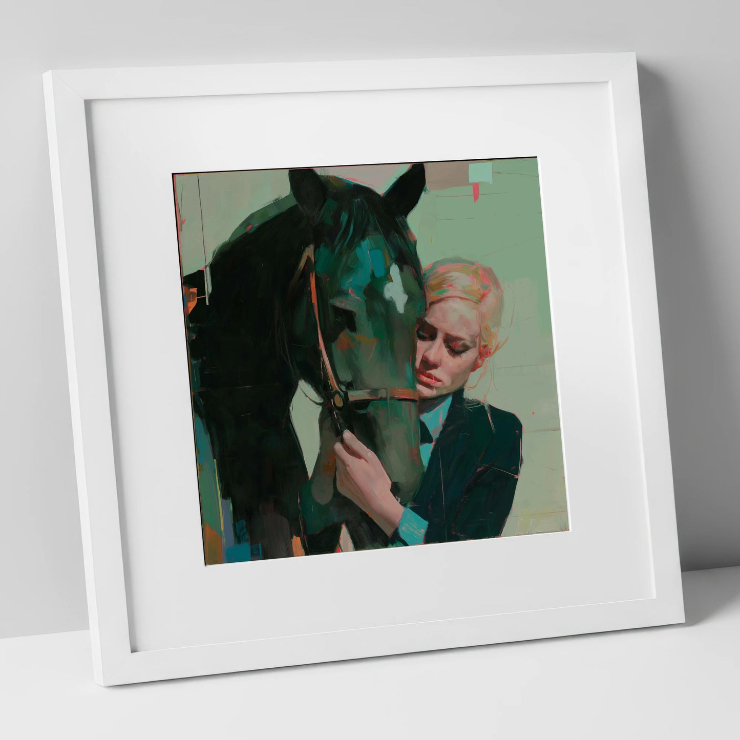 Quiet Connection horse & rider art print in white frame