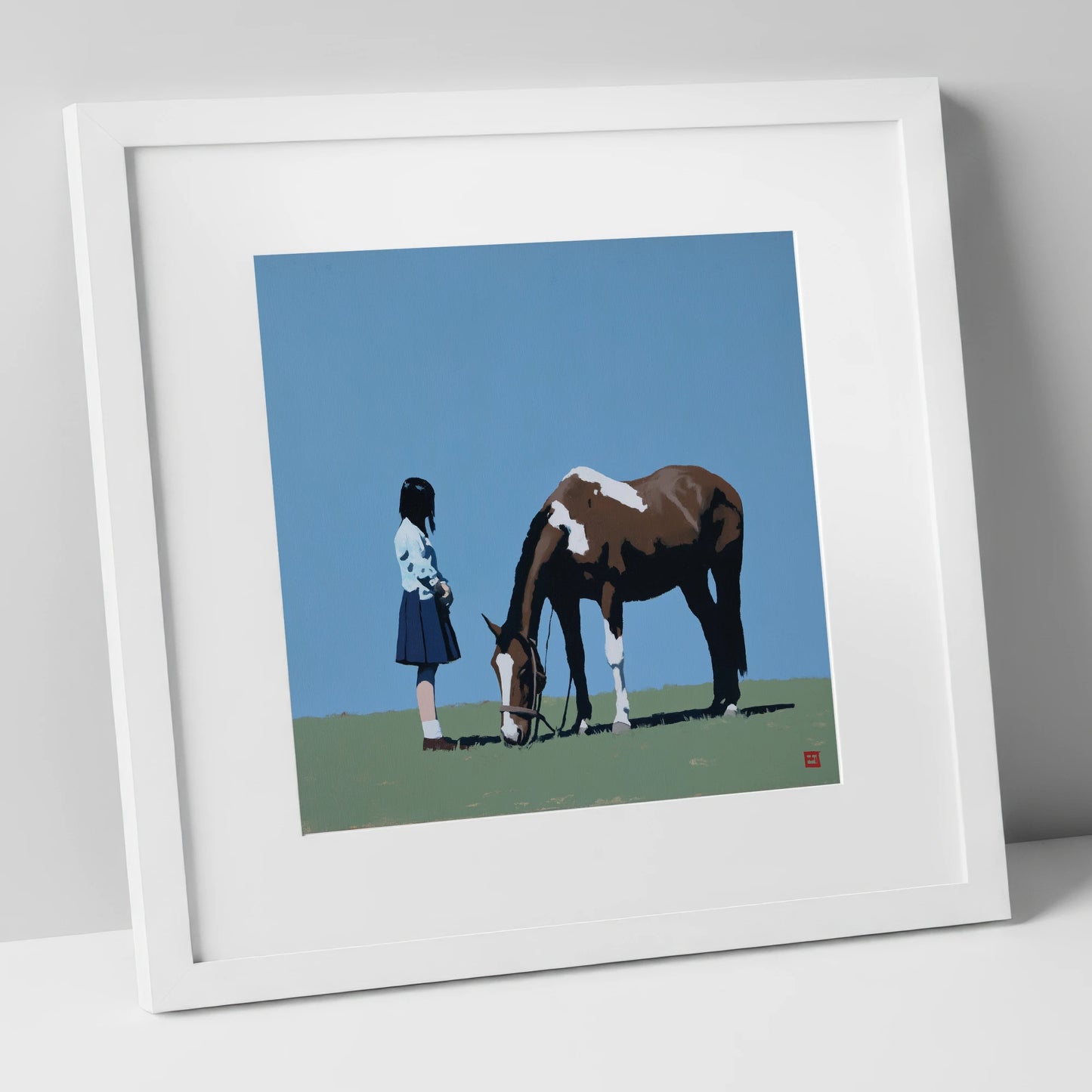 Silent Companionship horse & rider art print in white frame