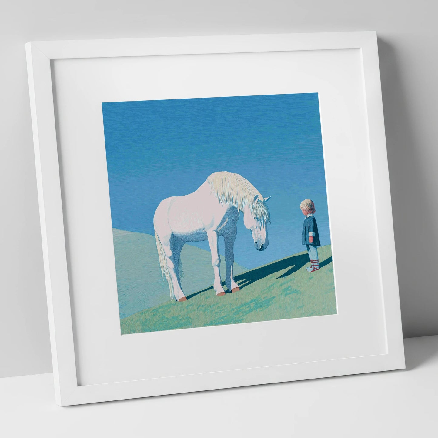The Gentle Meeting horse & rider art print in white frame