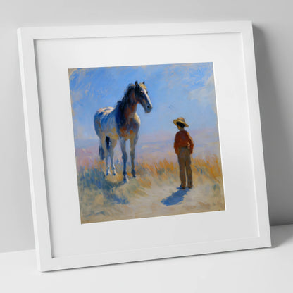 A Quiet Understanding horse & rider art print in white frame