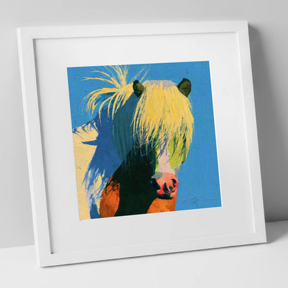 Thick Maned Pony in Blue horse breed art print in white frame