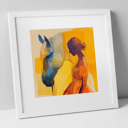 Amber Reverie horse & rider art print in white frame