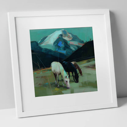 Teal Mountain Pasture horse landscape art print in white frame