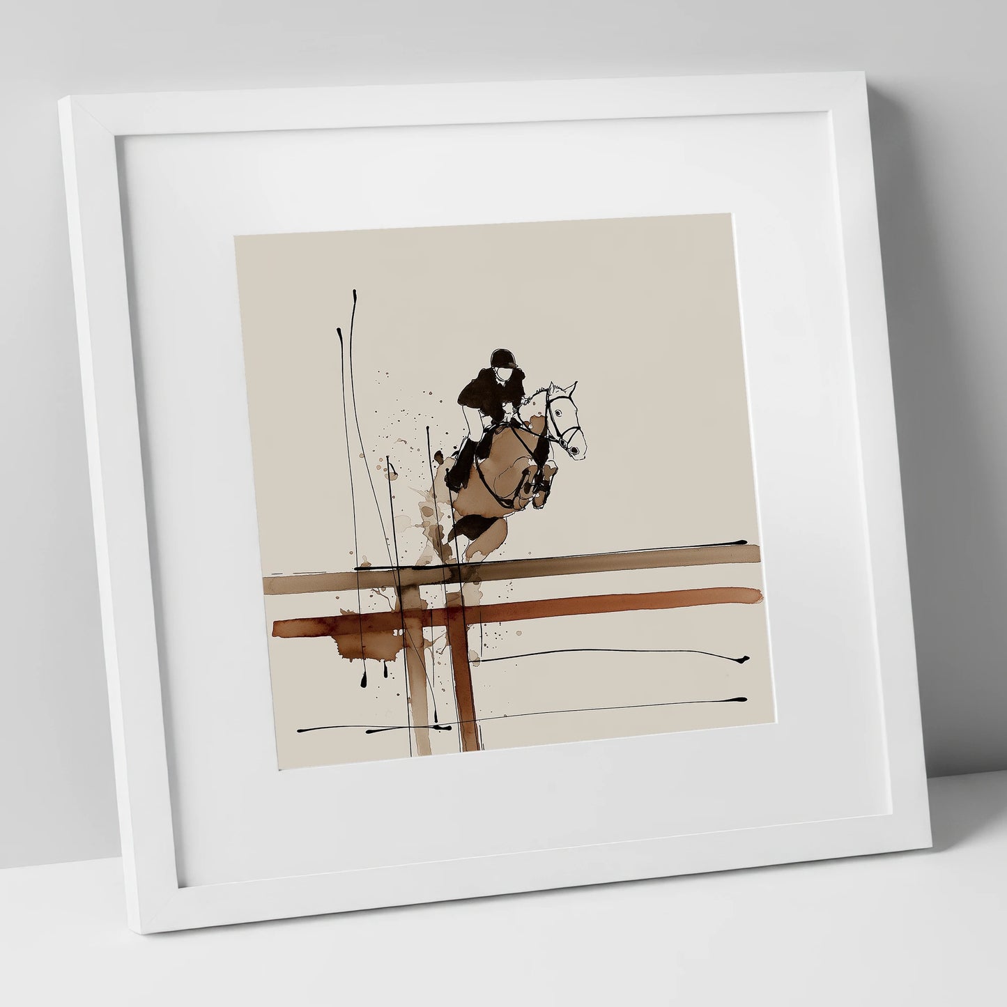 Fluidity of Flight show jumping horse art print in white frame