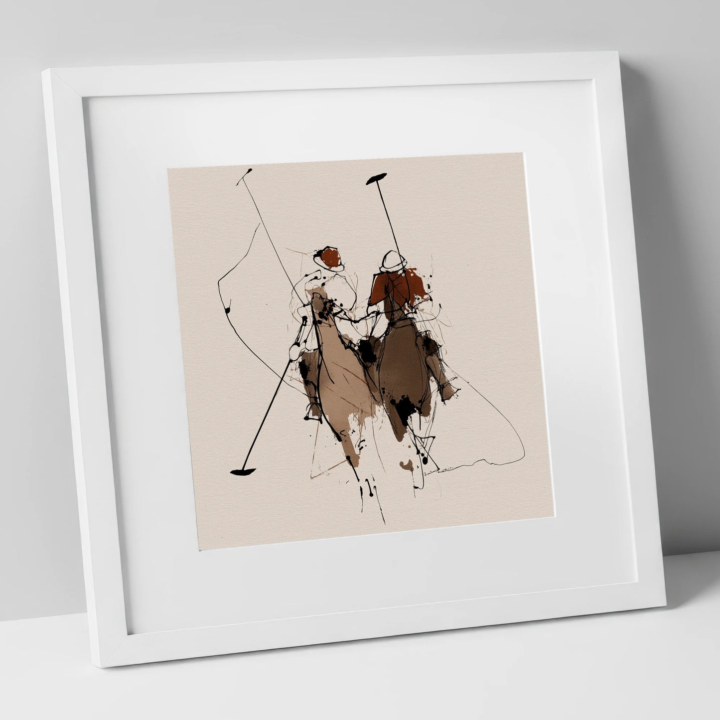 Polo Pursuit polo horse art print in white frame