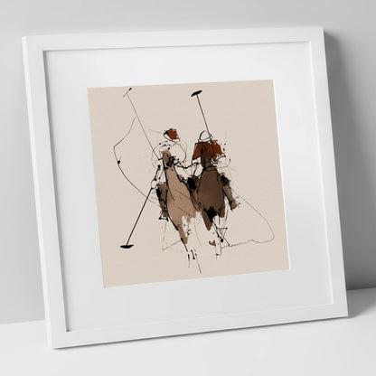 Polo Pursuit polo horse art print in white frame