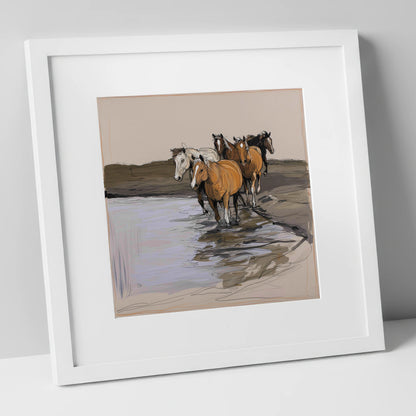 Herd at the Shallows wild horses art print in white frame